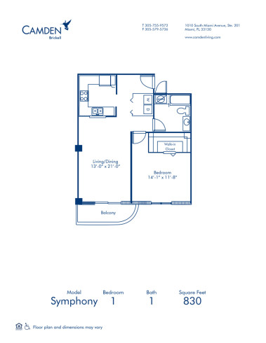 Blueprint of Symphony Floor Plan, 1 Bedroom and 1 Bathroom at Camden Brickell Apartments in Miami, FL