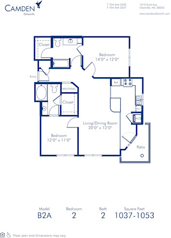 Blueprint of B2A.2 Floor Plan, 2 Bedrooms and 2 Bathrooms at Camden Dilworth Apartments in Charlotte, NC