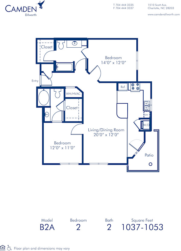 Blueprint of B2A.2 Floor Plan, 2 Bedrooms and 2 Bathrooms at Camden Dilworth Apartments in Charlotte, NC