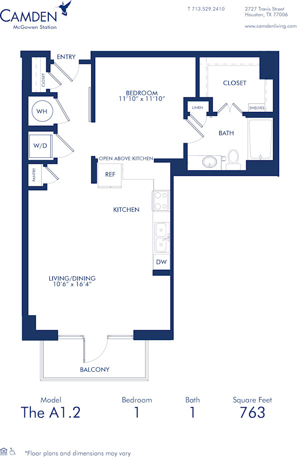 Blueprint of A1.2 Floor Plan at Camden McGowen Station One Bedroom Apartments in Midtown Houston