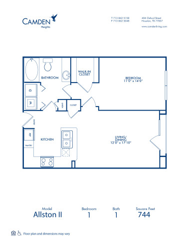 Blueprint of The Allston II Floor Plan, 1 Bedroom and 1 Bathroom at Camden Heights Apartments in Houston, TX