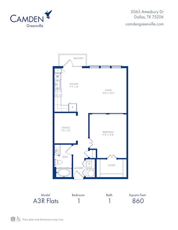 Camden Greenville apartments in Dallas, TX one bedroom, one bathroom floor plan A3R Flats