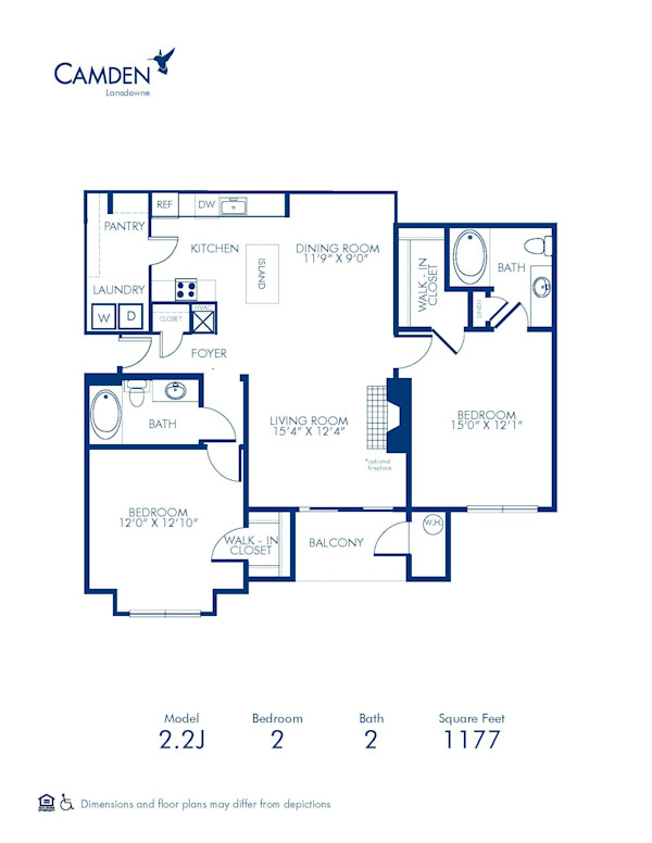 Blueprint of 2.2J Floor Plan, 2 Bedrooms and 2 Bathrooms at Camden Lansdowne Apartments in Lansdowne, VA