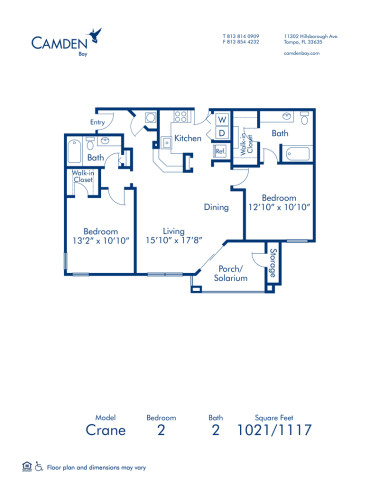 Blueprint of Crane (Balcony) Floor Plan, 2 Bedrooms and 2 Bathrooms at Camden Bay Apartments in Tampa, FL