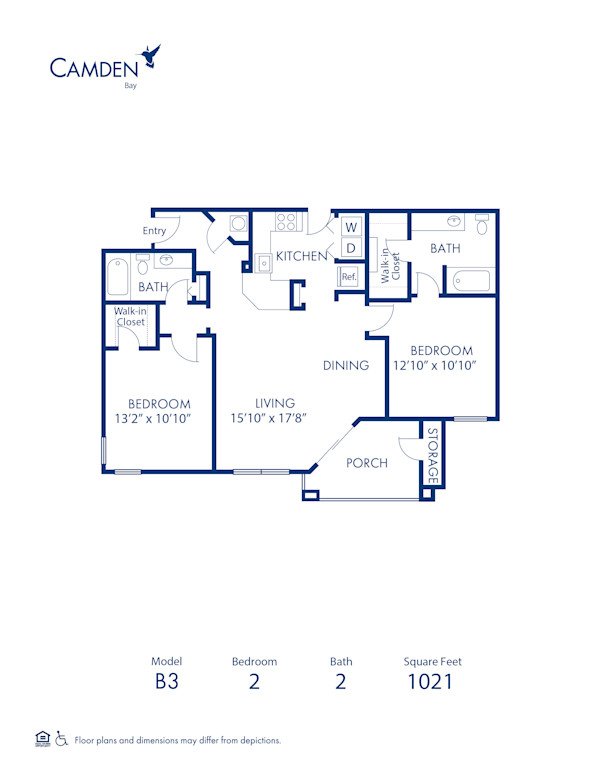 Blueprint of Crane (Balcony) Floor Plan, 2 Bedrooms and 2 Bathrooms at Camden Bay Apartments in Tampa, FL