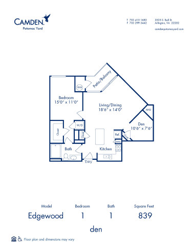 Blueprint of Edgewood Floor Plan, 1 Bedroom and 1 Bathroom at Camden Potomac Yard Apartments in Arlington, VA