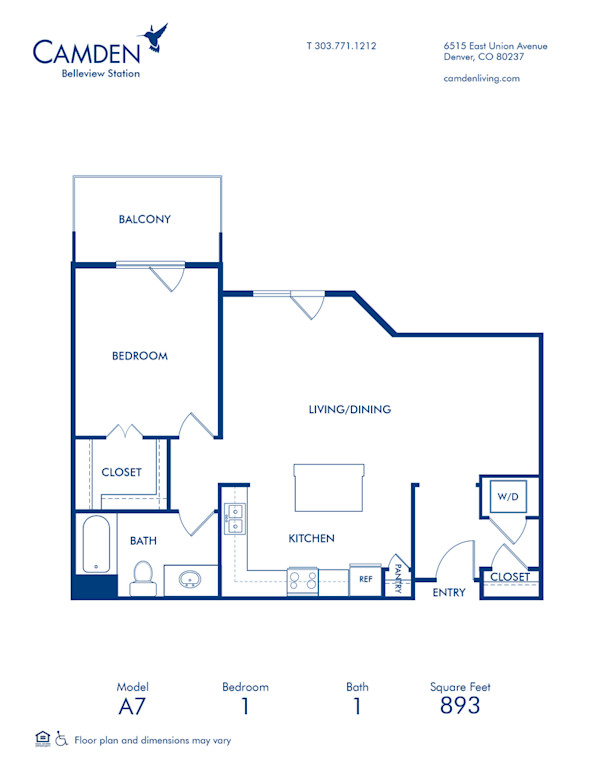 Blueprint of A7 Floor Plan, 1 Bedroom and 1 Bathroom at Camden Belleview Station Apartments in Denver, CO
