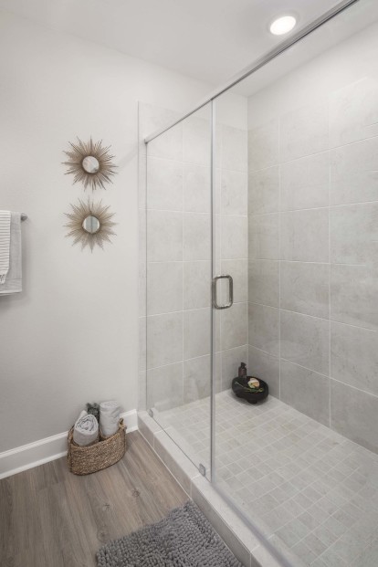 Glass Enclosed Walk-in Shower at Camden Woodmill Creek Homes for Rent in Spring, TX