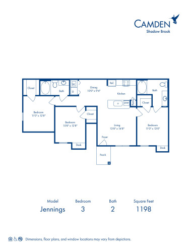 Blueprint of Jennings Floor Plan, 3 Bedrooms and 2 Bathrooms at Camden Shadow Brook Apartments in Austin, TX