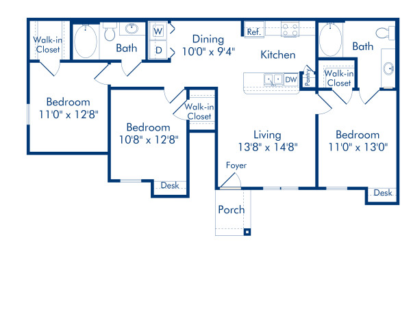 Blueprint of Jennings Floor Plan, 3 Bedrooms and 2 Bathrooms at Camden Shadow Brook Apartments in Austin, TX