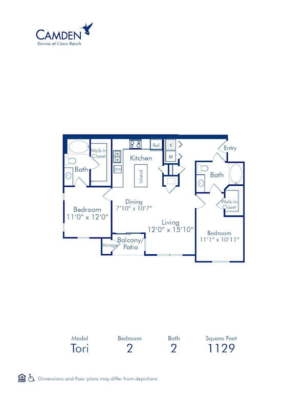 Blueprint of Tori Floor Plan, 2 Bedrooms and 2 Bathrooms at Camden Downs at Cinco Ranch Apartments in Katy, TX
