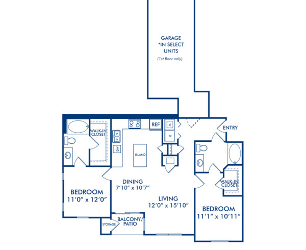 Blueprint of Tori Floor Plan, 2 Bedrooms and 2 Bathrooms at Camden Downs at Cinco Ranch Apartments in Katy, TX