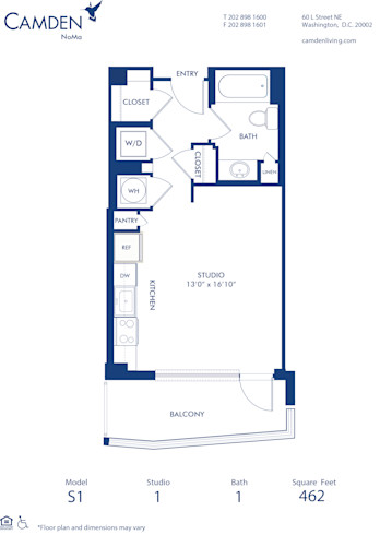 Blueprint of S1 Floor Plan, Studio with 1 Bathroom at Camden NoMa Apartments in Washington, DC