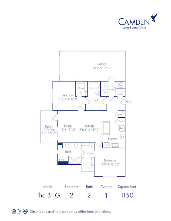 B1G floor plan at Camden Lake Buena Vista apartments in Orlando, FL