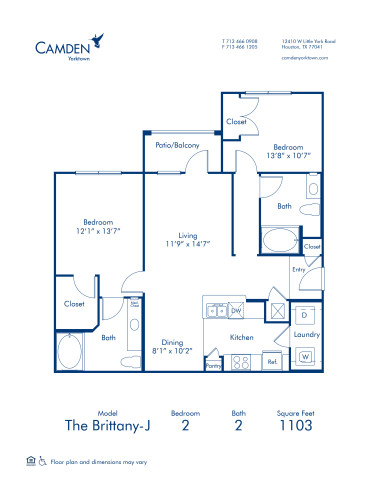 Blueprint of Brittany J Floor Plan, 2 Bedrooms and 2 Bathrooms at Camden Yorktown Apartments in Houston, TX
