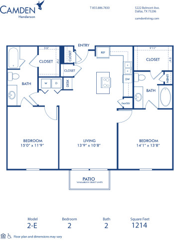 Blueprint of E Floor Plan, 2 Bedrooms and 2 Bathrooms at Camden Henderson Apartments in Dallas, TX