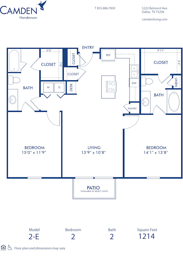 Blueprint of E Floor Plan, 2 Bedrooms and 2 Bathrooms at Camden Henderson Apartments in Dallas, TX
