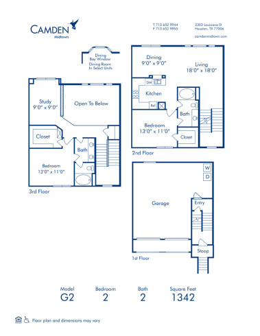 Blueprint of G2 Townhome Floor Plan, 2 Bedrooms and 2 Bathrooms at Camden Midtown Houston Apartments in Houston, TX