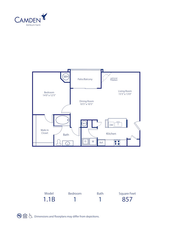 Blueprint of 1.1B Floor Plan, 1 Bedroom and 1 Bathroom at Camden Ashburn Farm Apartments in Ashburn, VA