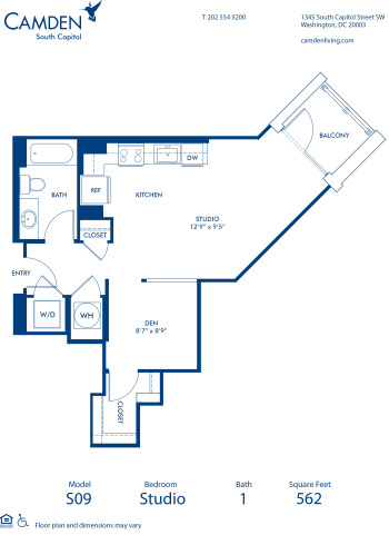 Blueprint of S09D Floor Plan, Studio with 1 Bathroom at Camden South Capitol Apartments in Washington, DC