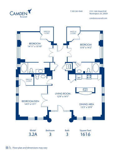 Blueprint of 3.2A Floor Plan, 3 Bedrooms and 2 Bathrooms at Camden Roosevelt Apartments in Washington, DC