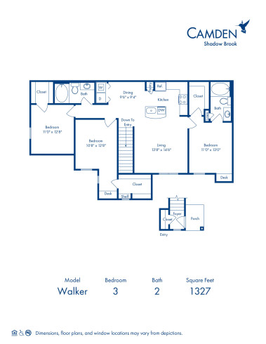 Blueprint of Walker Floor Plan, 3 Bedrooms and 2 Bathrooms at Camden Shadow Brook Apartments in Austin, TX