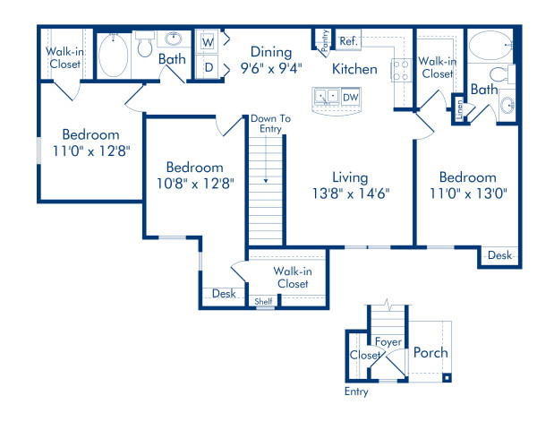 Blueprint of Walker Floor Plan, 3 Bedrooms and 2 Bathrooms at Camden Shadow Brook Apartments in Austin, TX