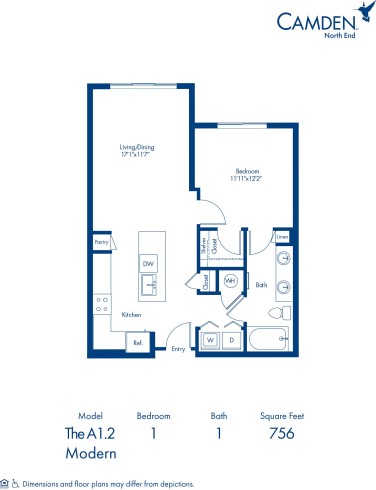 Camden North End apartments in Phoenix, Arizona one bedroom, one bathroom floor plan A1.2