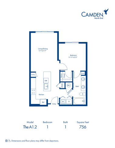 Camden North End apartments in Phoenix, Arizona one bedroom, one bathroom floor plan A1.2