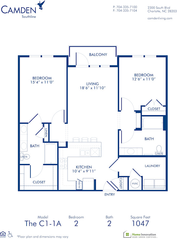 2 bed, 2 bath C1-1A floor plan at Camden Southline in Charlotte, NC