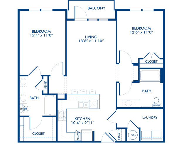 2 bed, 2 bath C1-1A floor plan at Camden Southline in Charlotte, NC