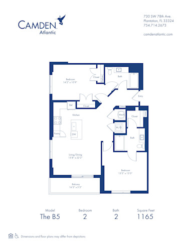 The B5 floor plan, 2 bed, 2 bath apartment home at Camden Atlantic in Plantation, FL