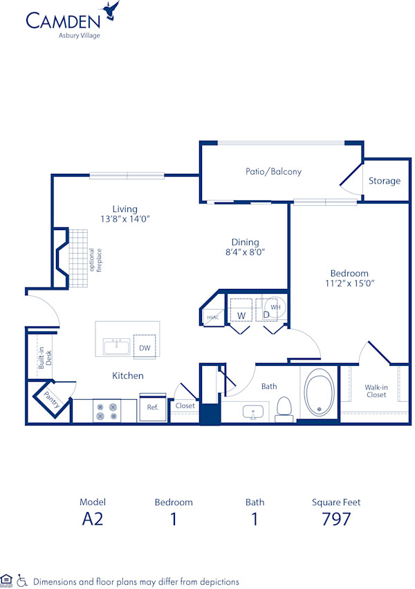 Blueprint of A2 Floor Plan, 1 Bedroom and 1 Bathroom at Camden Asbury Village Apartments in Raleigh, NC