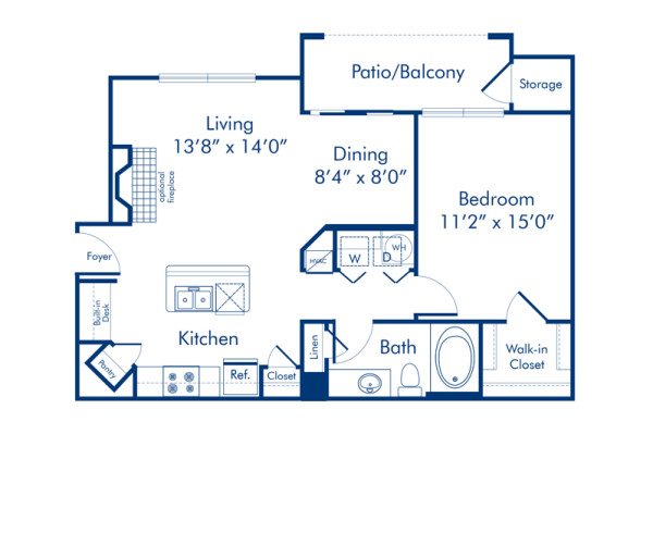 Blueprint of A2 Floor Plan, 1 Bedroom and 1 Bathroom at Camden Asbury Village Apartments in Raleigh, NC