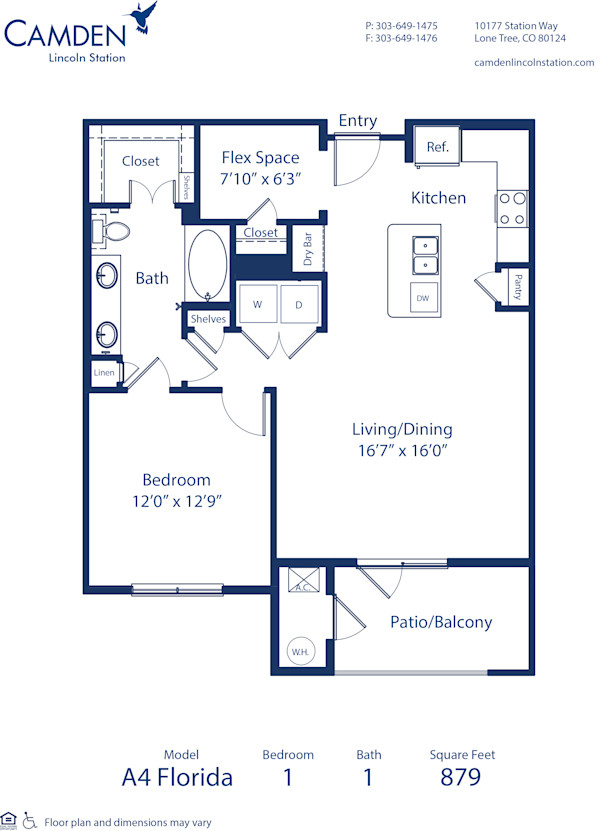 Blueprint of Florida Floor Plan, 1 Bedroom and 1 Bathroom at Camden Lincoln Station Apartments in Lone Tree, CO