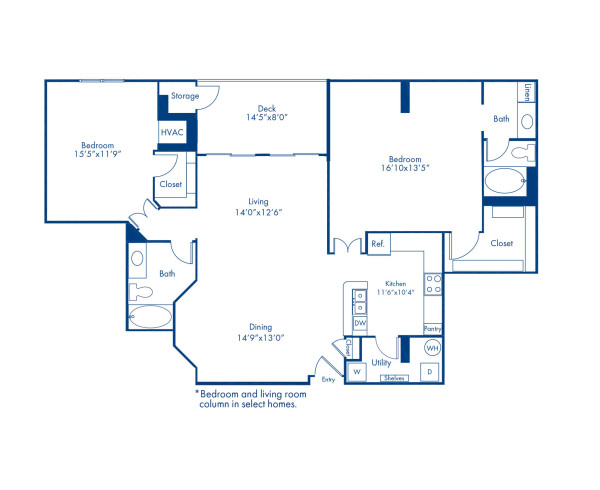 Blueprint of The Georgetown Floor Plan, 2 Bedrooms and 2 Bathrooms at Camden Grandview Apartments in Charlotte, NC