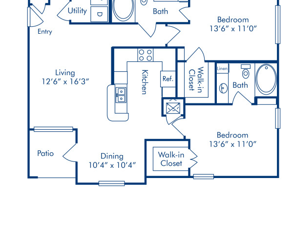 Blueprint of D Floor Plan, 2 Bedrooms and 2 Bathrooms at Camden Buckingham Apartments in Richardson, TX