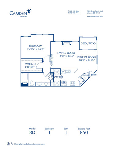 Blueprint of 3D Floor Plan, 1 Bedroom and 1 Bathroom at Camden Lakeway Apartments in Lakewood, CO