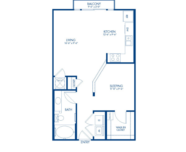 Blueprint of Pasadena Floor Plan, Apartment Home with 1 Bedroom and 1 Bathroom at Camden College Park in College Park, MD