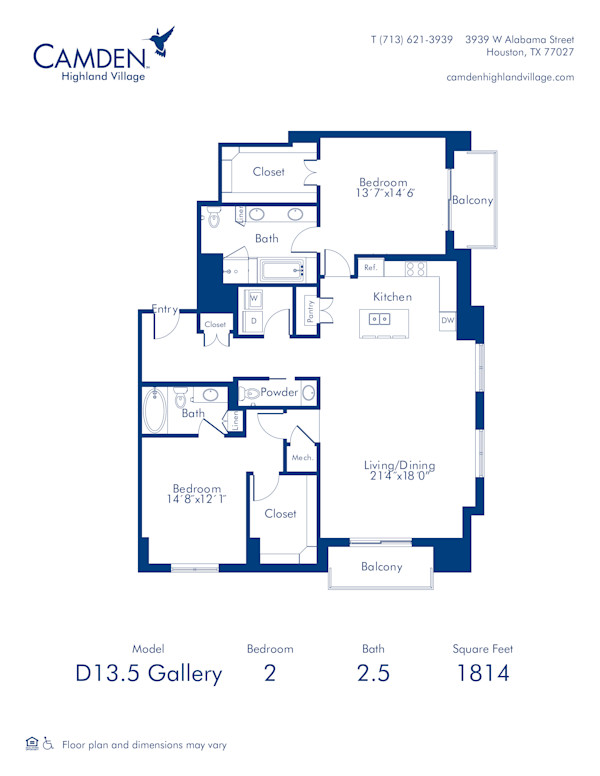 Camden Highland Village apartments in Houston, TX Gallery two bedroom floor plan D13.5