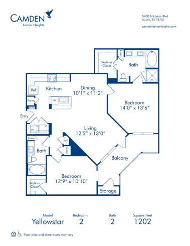 Blueprint of Yellowstar Floor Plan, 2 Bedrooms and 2 Bathrooms at Camden Lamar Heights Apartments in Austin, TX