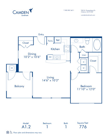 Blueprint of A1.2 Floor Plan, 1 Bedroom and 1 Bathroom at Camden Landmark Apartments in Ontario, CA