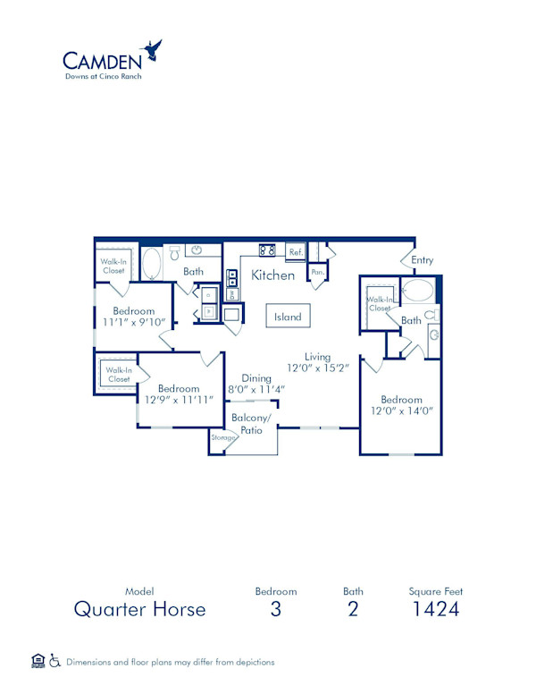 Blueprint of Quarterhorse Floor Plan, 3 Bedrooms and 2 Bathrooms at Camden Downs at Cinco Ranch Apartments in Katy, TX
