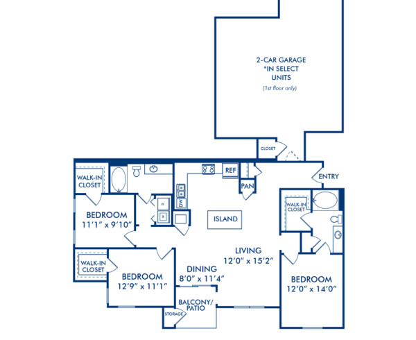 Blueprint of Quarterhorse Floor Plan, 3 Bedrooms and 2 Bathrooms at Camden Downs at Cinco Ranch Apartments in Katy, TX