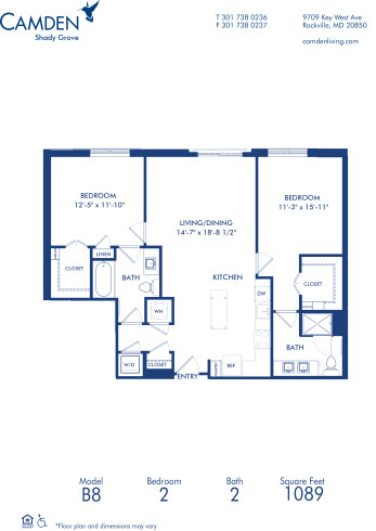 Blueprint of B8 Floor Plan, 2 Bedrooms and 2 Bathrooms at Camden Shady Grove Apartments in Rockville, MD