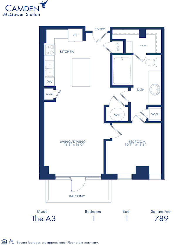 Blueprint of A3 Floor Plan, One Bedroom and One Bathroom Apartment at Camden McGowen Station Apartments in Midtown Houston, TX