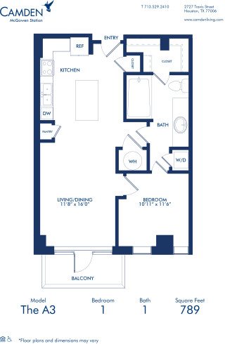 Blueprint of A3 Floor Plan, One Bedroom and One Bathroom Apartment at Camden McGowen Station Apartments in Midtown Houston, TX