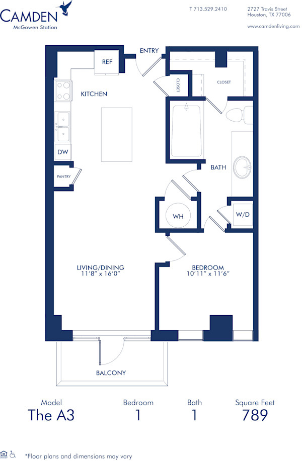 Blueprint of A3 Floor Plan, One Bedroom and One Bathroom Apartment at Camden McGowen Station Apartments in Midtown Houston, TX
