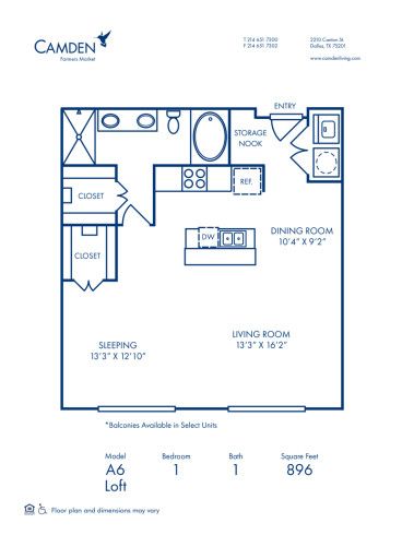 Blueprint of A6 - Loft Floor Plan, 1 Bedroom and 1 Bathroom at Camden Farmers Market Apartments in Dallas, TX