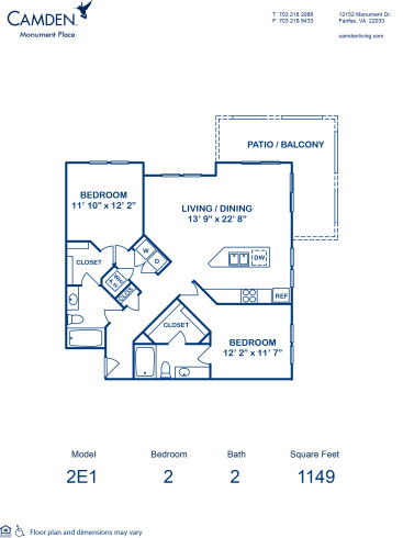 Blueprint of 2E1 Floor Plan, 2 Bedrooms and 2 Bathrooms at Camden Monument Place Apartments in Fairfax, VA